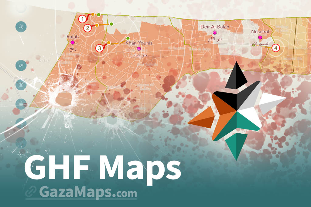 Screen capture of Gaza Maps dot com, with bullet holes in the monitor. Text over the image says GHF Maps.
