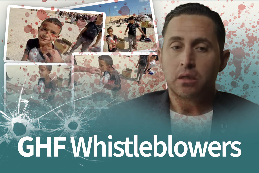 Image with whistleblower Anthony Aguilar and some of the documentation he provided, with bullet holes in the screen. Text over the image says GHF Whistleblowers.